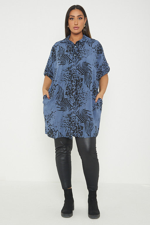 One Size Animal Print Turn Up Sleeve Shirt With Pockets
