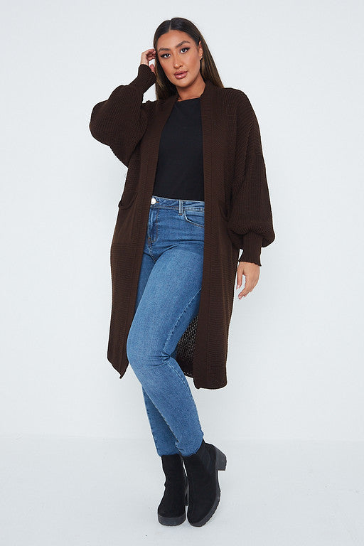 One Size Mid Length Knit Pocket Cardigan