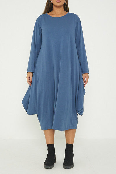One Size Long Sleeved Waterfall Hem Midi Dress