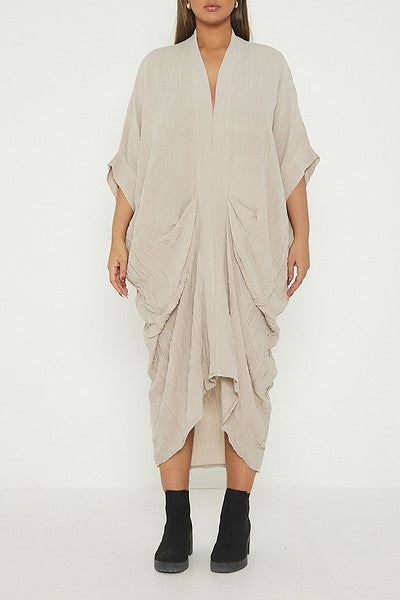 One Size V Neck Gathered Tunic Maxi Dress