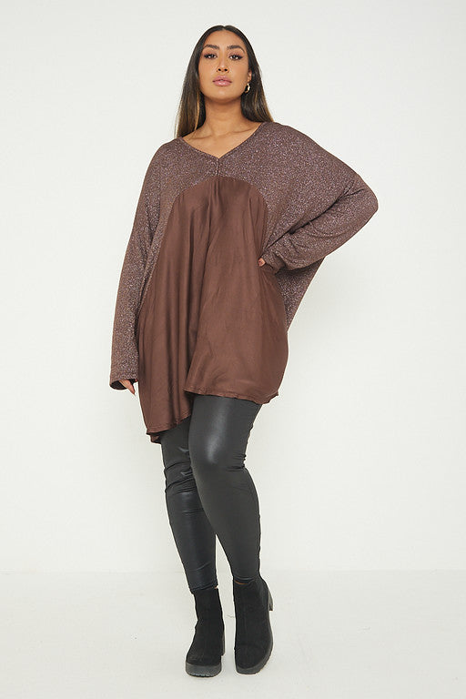One Size Lurex Shimmer V Neck Knitted Top With Satin Front