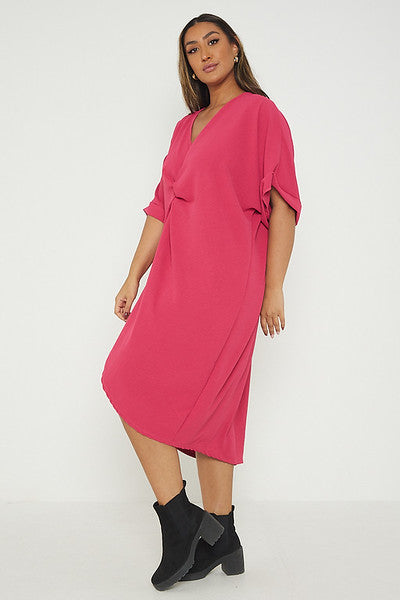 One Size Twist Front Mid Sleeve Midi Tunic Dress