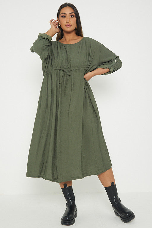 One Size  Crepe Turn Up Sleeve Pocket Midi Long Dress
