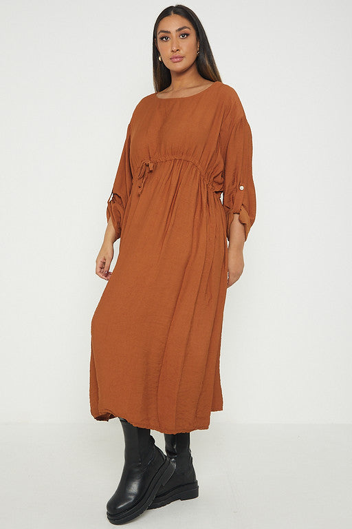 One Size  Crepe Turn Up Sleeve Pocket Midi Long Dress