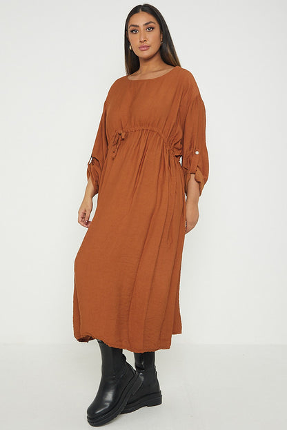 One Size  Crepe Turn Up Sleeve Pocket Midi Long Dress