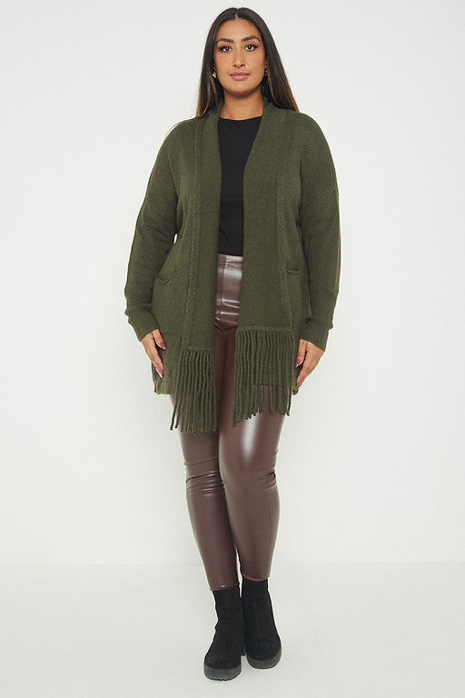 One Size Fringe Hem Pocket Cardigan Jumper