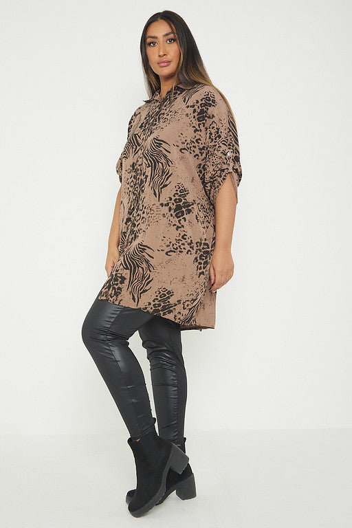 One Size Animal Print Turn Up Sleeve Shirt With Pockets