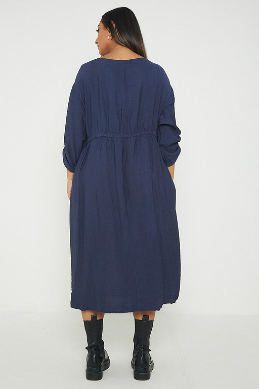 One Size  Crepe Turn Up Sleeve Pocket Midi Long Dress