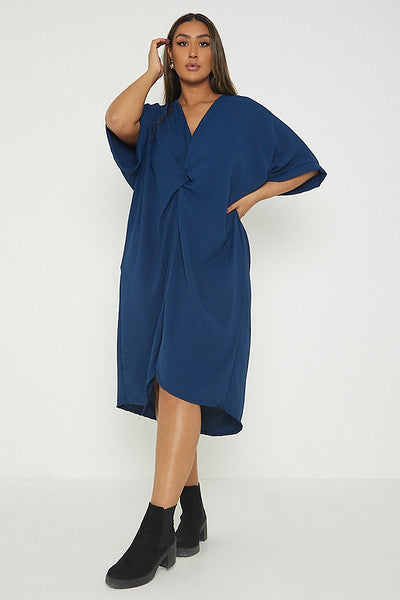 One Size Twist Front Mid Sleeve Midi Tunic Dress