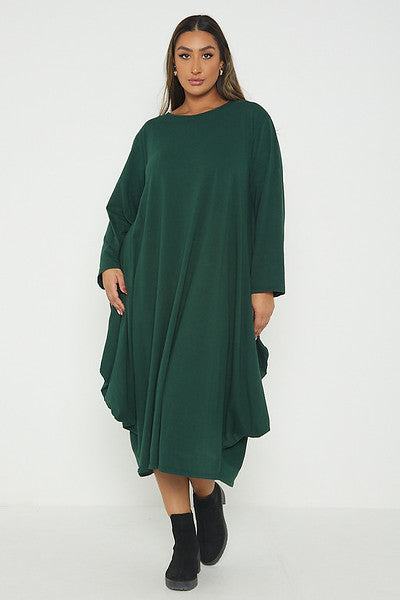 One Size Long Sleeved Waterfall Hem Midi Dress