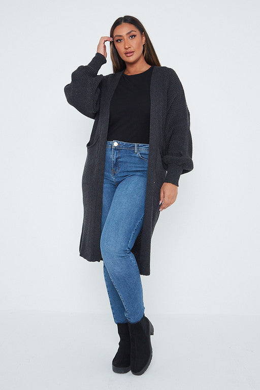 One Size Mid Length Knit Pocket Cardigan