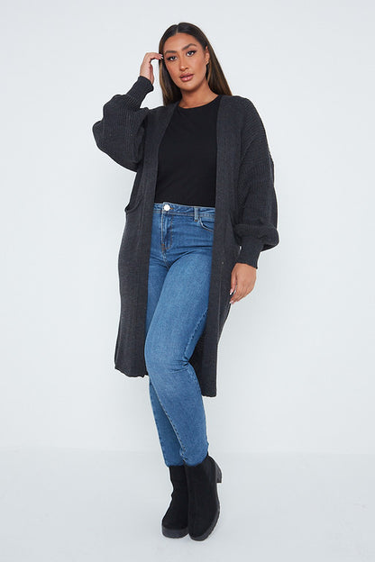 One Size Mid Length Knit Pocket Cardigan