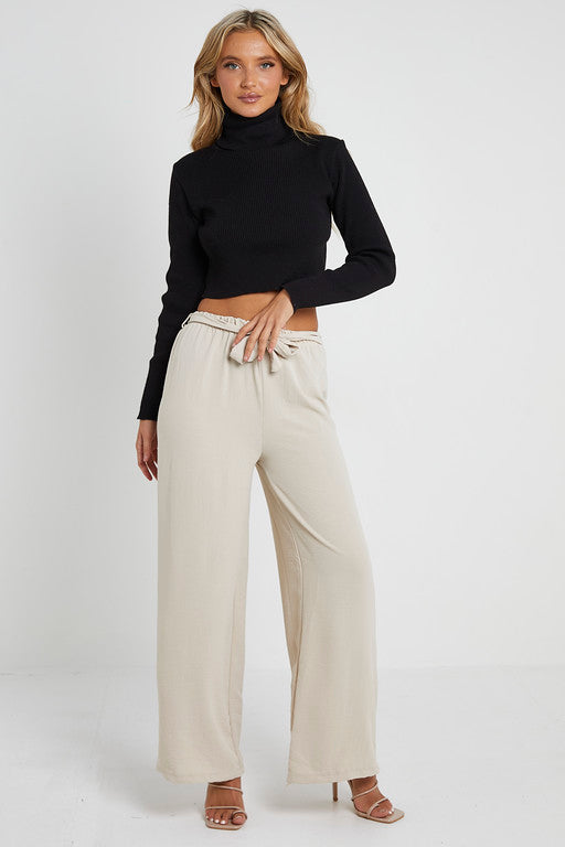 Elasticated Waist Belted Straight Flare Crepe Trousers