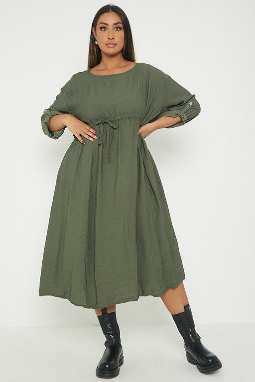 One Size  Crepe Turn Up Sleeve Pocket Midi Long Dress
