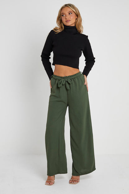 Elasticated Waist Belted Straight Flare Crepe Trousers