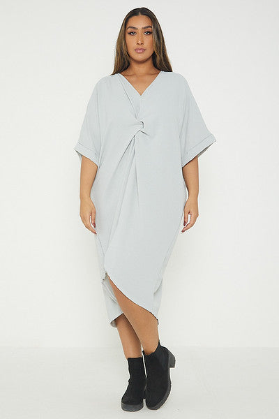 One Size Twist Front Mid Sleeve Midi Tunic Dress
