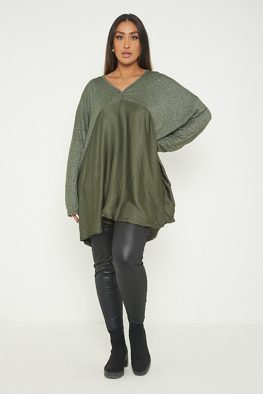 One Size Lurex Shimmer V Neck Knitted Top With Satin Front