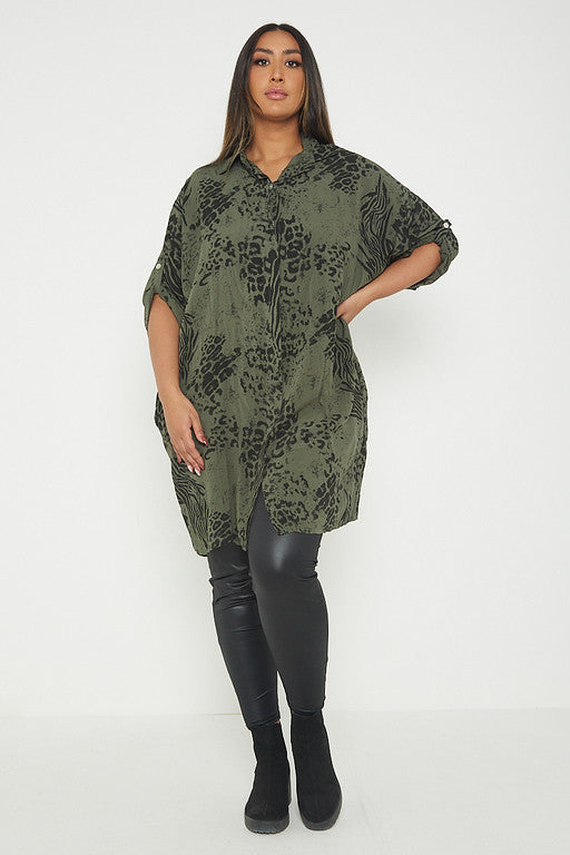 One Size Animal Print Turn Up Sleeve Shirt With Pockets