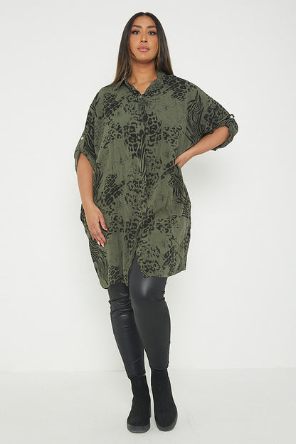 One Size Animal Print Turn Up Sleeve Shirt With Pockets