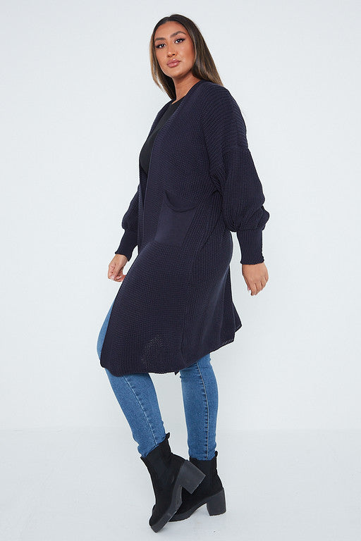 One Size Mid Length Knit Pocket Cardigan