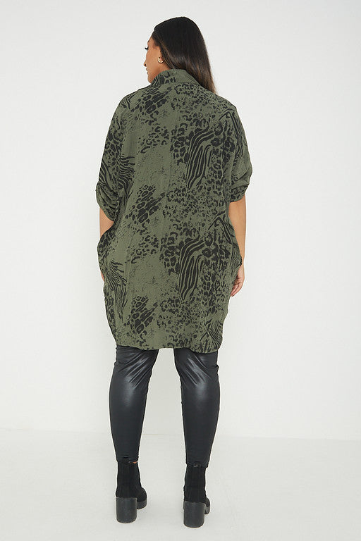 One Size Animal Print Turn Up Sleeve Shirt With Pockets
