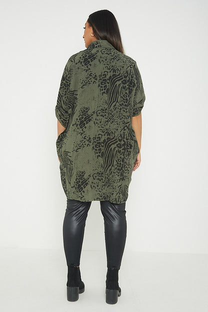 One Size Animal Print Turn Up Sleeve Shirt With Pockets
