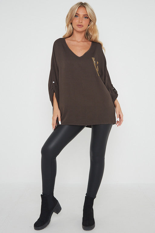 One Size 'V' Embellished V Neck Top