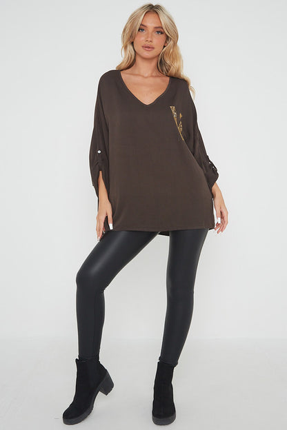 One Size 'V' Embellished V Neck Top