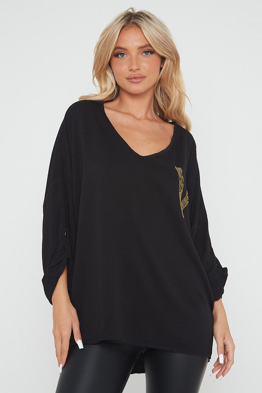 One Size 'V' Embellished V Neck Top