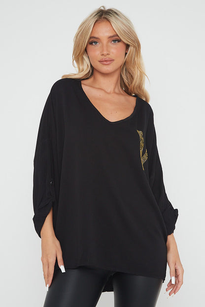 One Size 'V' Embellished V Neck Top