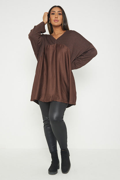 One Size V Neck Knitted Top With Satin Front