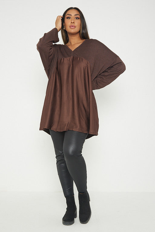 One Size V Neck Knitted Top With Satin Front