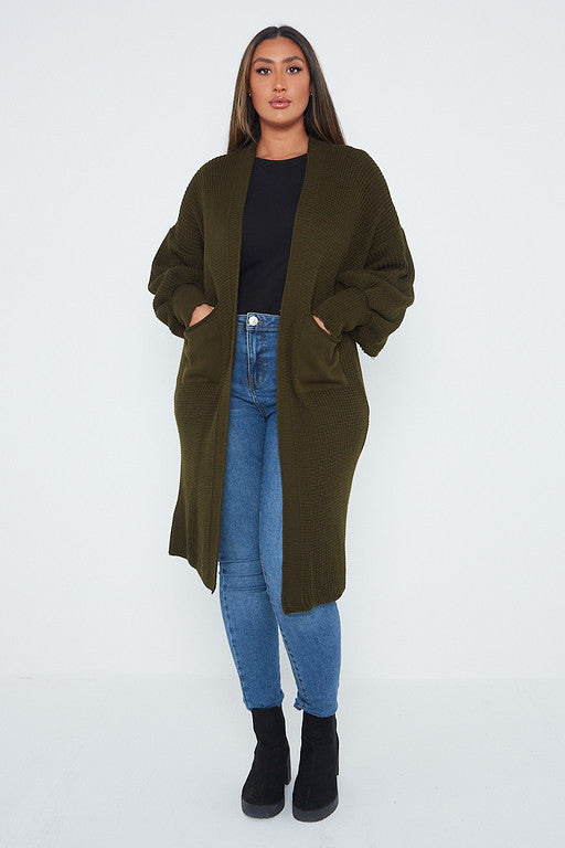 One Size Mid Length Knit Pocket Cardigan
