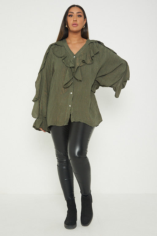One Size Ruffle Detail Crinkle Lurex Shirt Blouse
