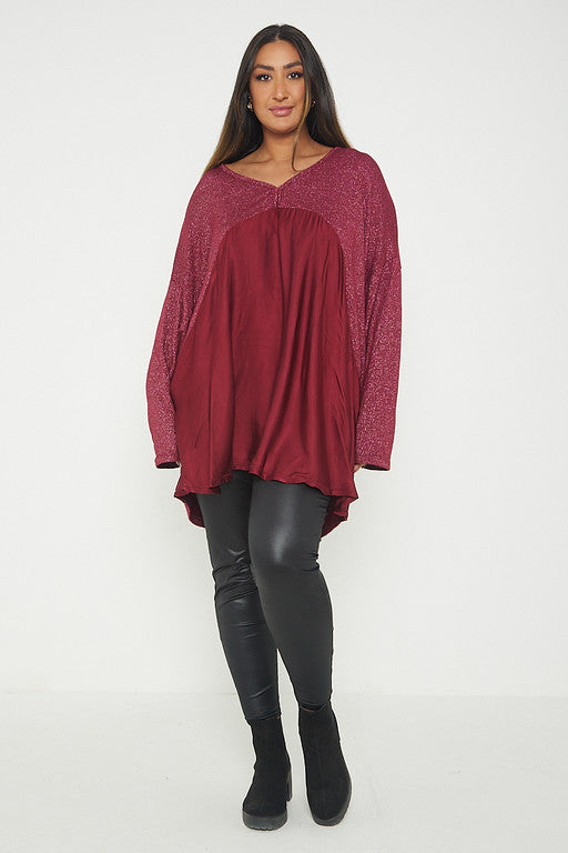 One Size Lurex Shimmer V Neck Knitted Top With Satin Front