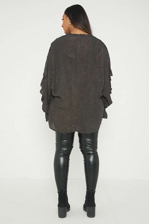 One Size Ruffle Detail Crinkle Lurex Shirt Blouse