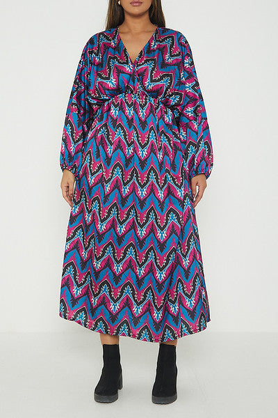 One Size Abstract Print Balloon Sleeve Maxi Long Dress