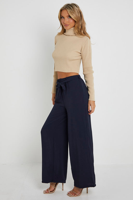 Elasticated Waist Belted Straight Flare Crepe Trousers