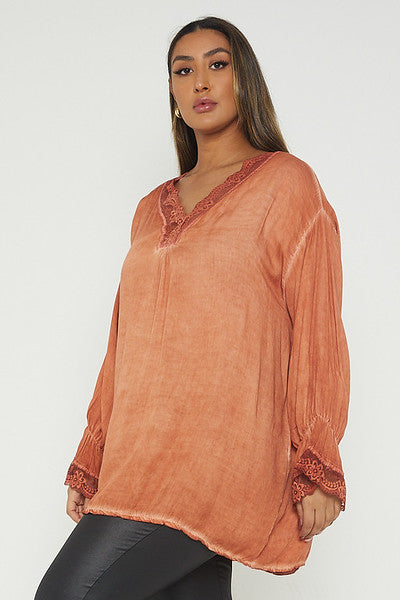 One Size Lace Trim Blouse