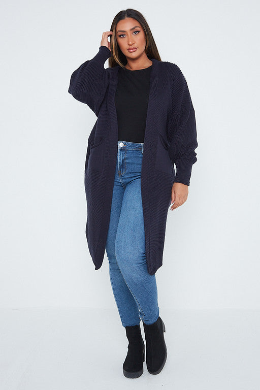 One Size Mid Length Knit Pocket Cardigan