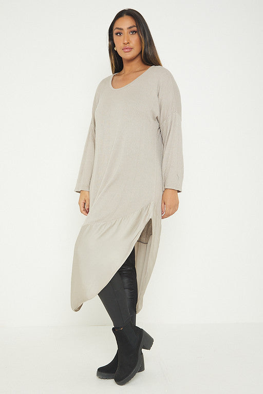 One Size Round Neck Knitted Jumper Dress With Satin Hem