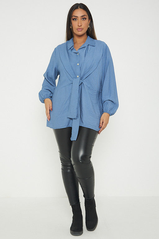 One Size Front Tie Cuffed Sleeve Shirt Top