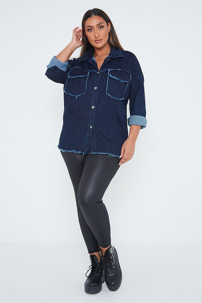 One Size Dark Denim Distressed Denim Shirt