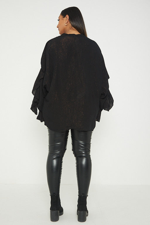 One Size Ruffle Detail Crinkle Lurex Shirt Blouse