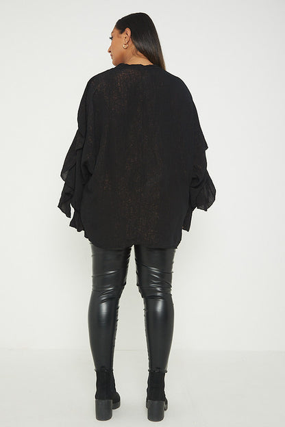 One Size Ruffle Detail Crinkle Lurex Shirt Blouse