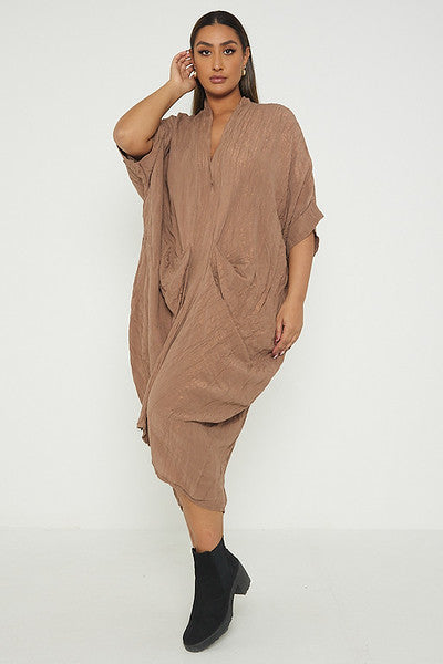 One Size V Neck Gathered Tunic Maxi Dress
