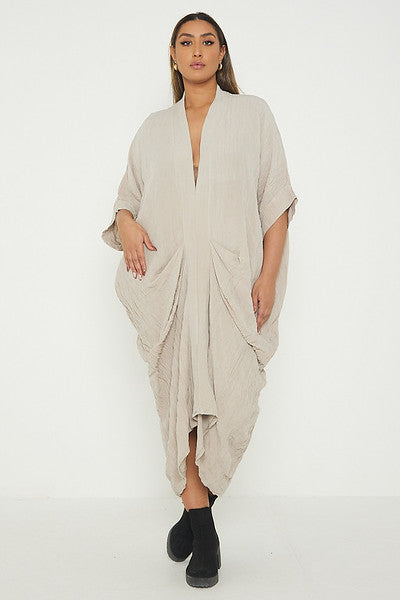 One Size V Neck Gathered Tunic Maxi Dress