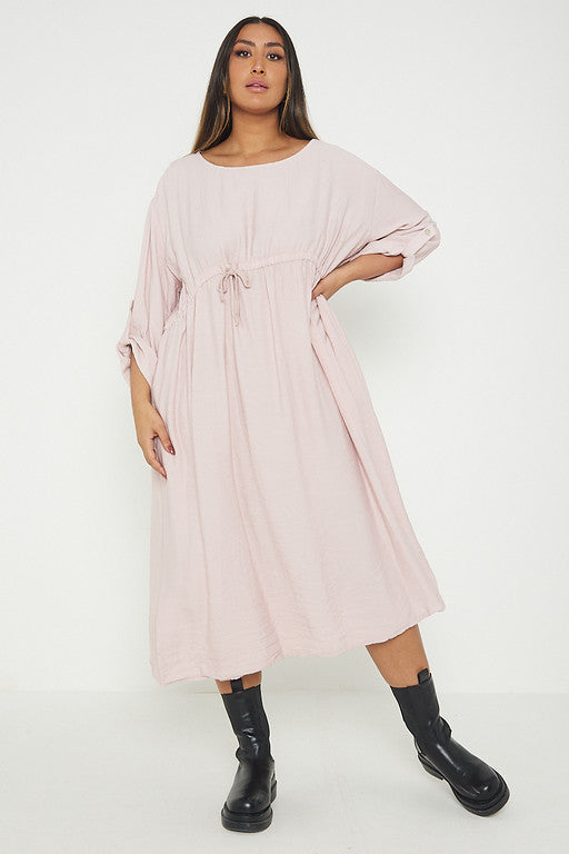 One Size  Crepe Turn Up Sleeve Pocket Midi Long Dress