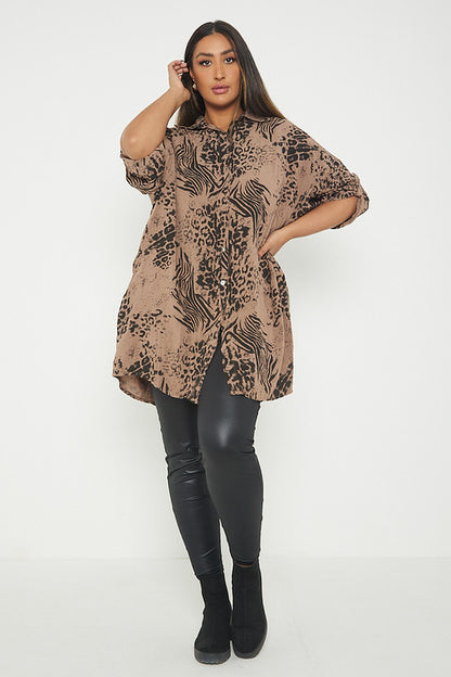 One Size Animal Print Turn Up Sleeve Shirt With Pockets