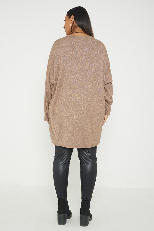 One Size Lurex Shimmer V Neck Knitted Top With Satin Front